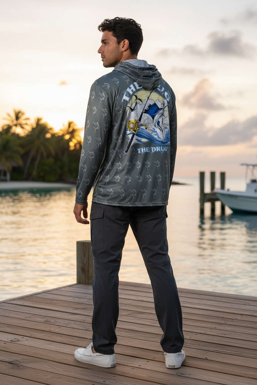 Get Tight Gear "Tug Is The Drug" Marlin Performance Fishing Hoodie – Storm Gray